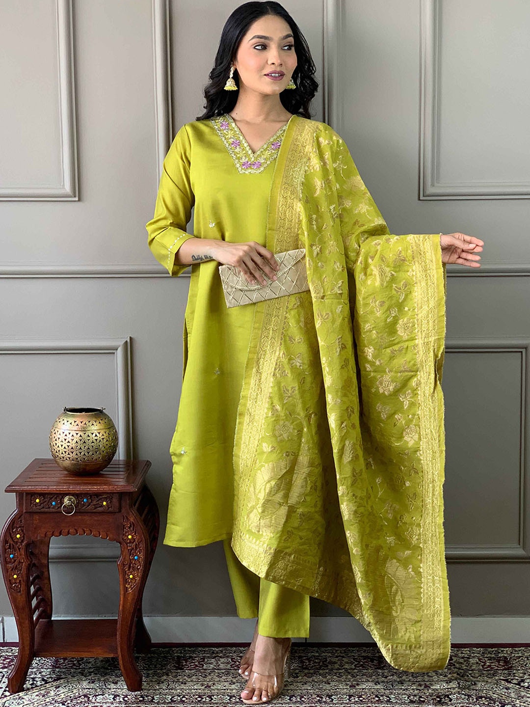 

KALINI Floral Printed V-Neck Thread Work Straight Kurta with Trousers & With Dupatta, Yellow