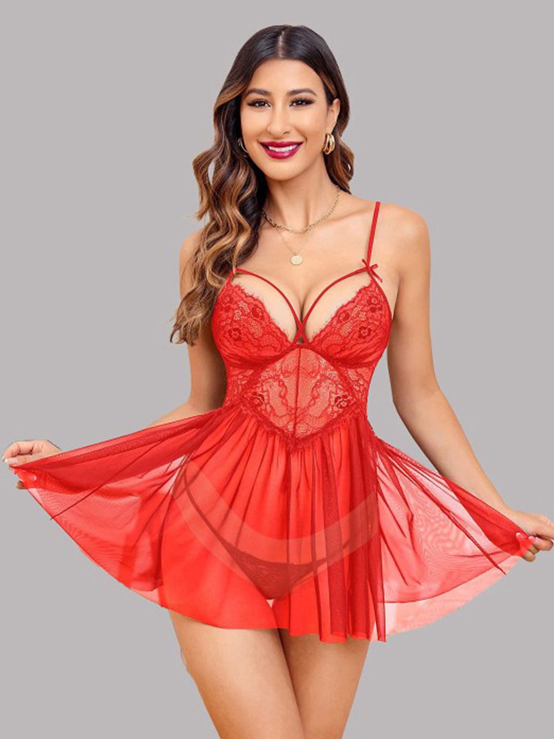 

Xivir Women Self Design Shoulder Straps Baby Doll, Red