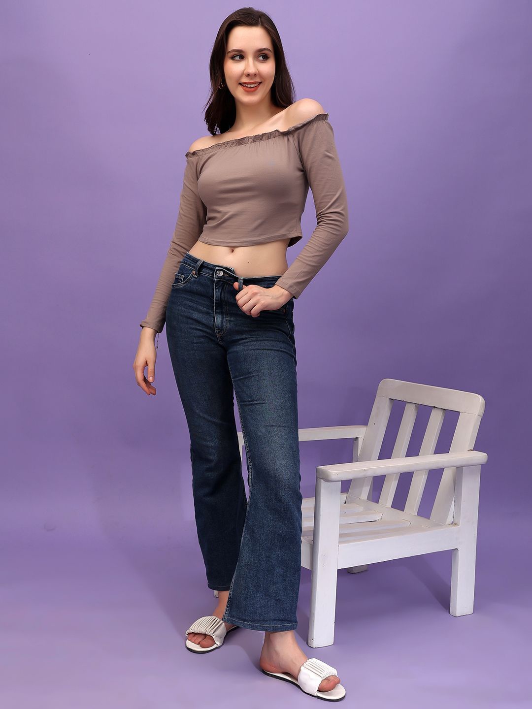 

Cation Solid Off-Shoulder Cotton Crop Top, Brown