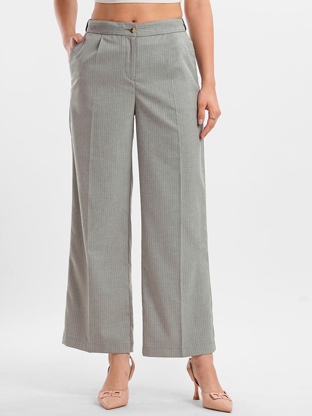 

Bombay High Women Relaxed Striped High-Rise Parallel Trousers, Grey