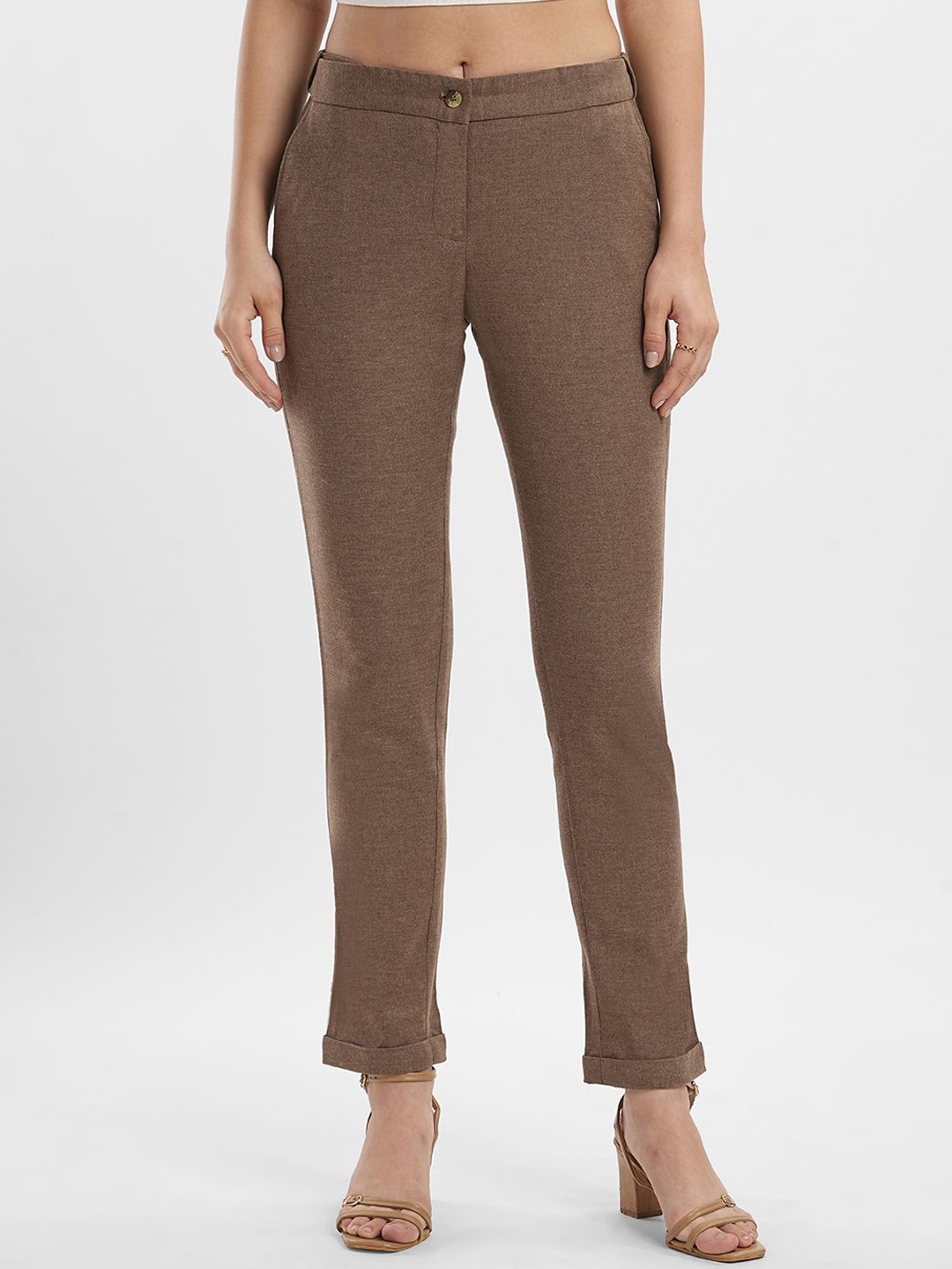 

Bombay High Women Textured Tailored Slim Fit Trousers, Brown