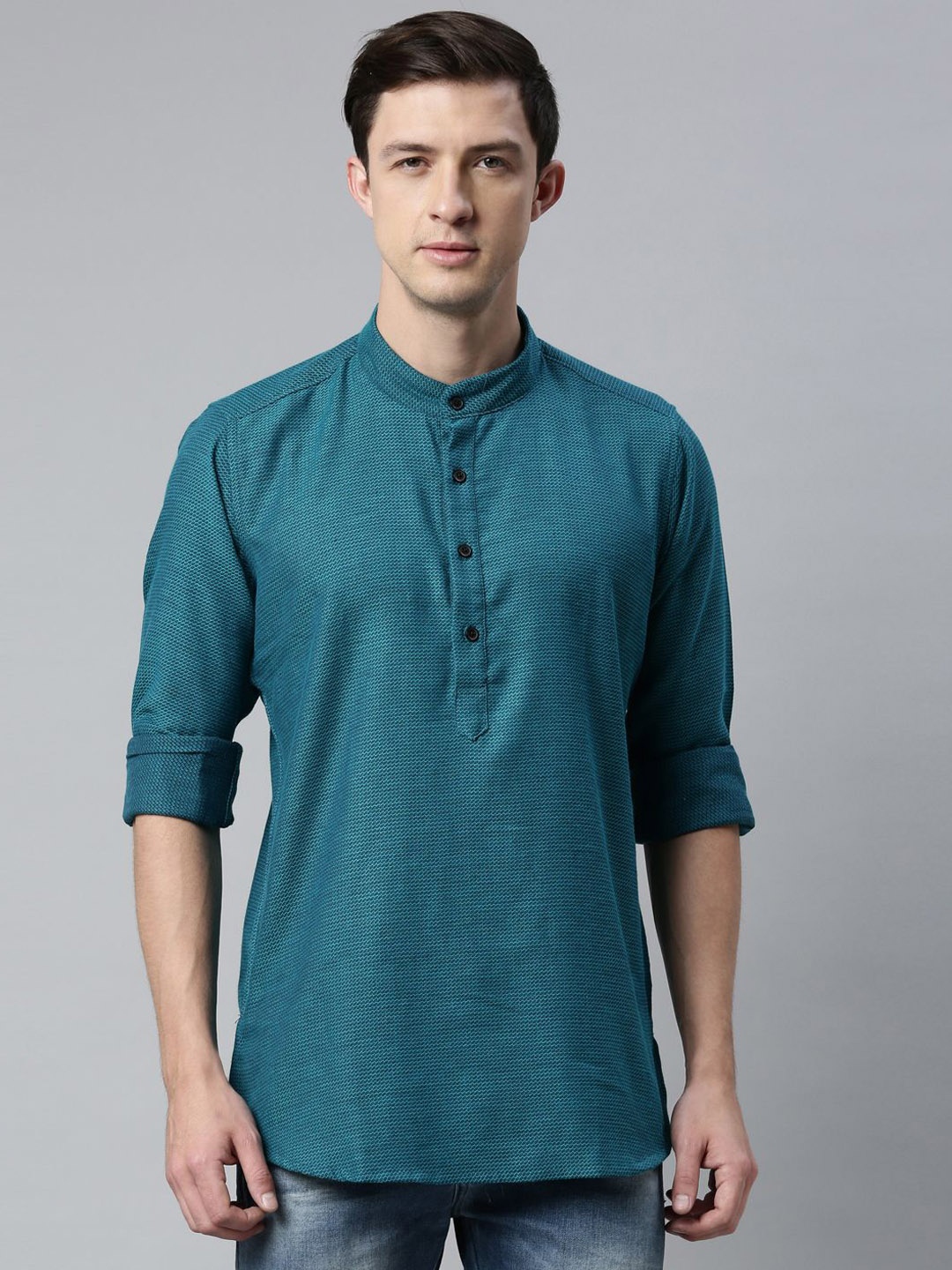 

Cross Court Geometric Woven Design Mandarin Collar Cotton Short Straight Kurta, Teal