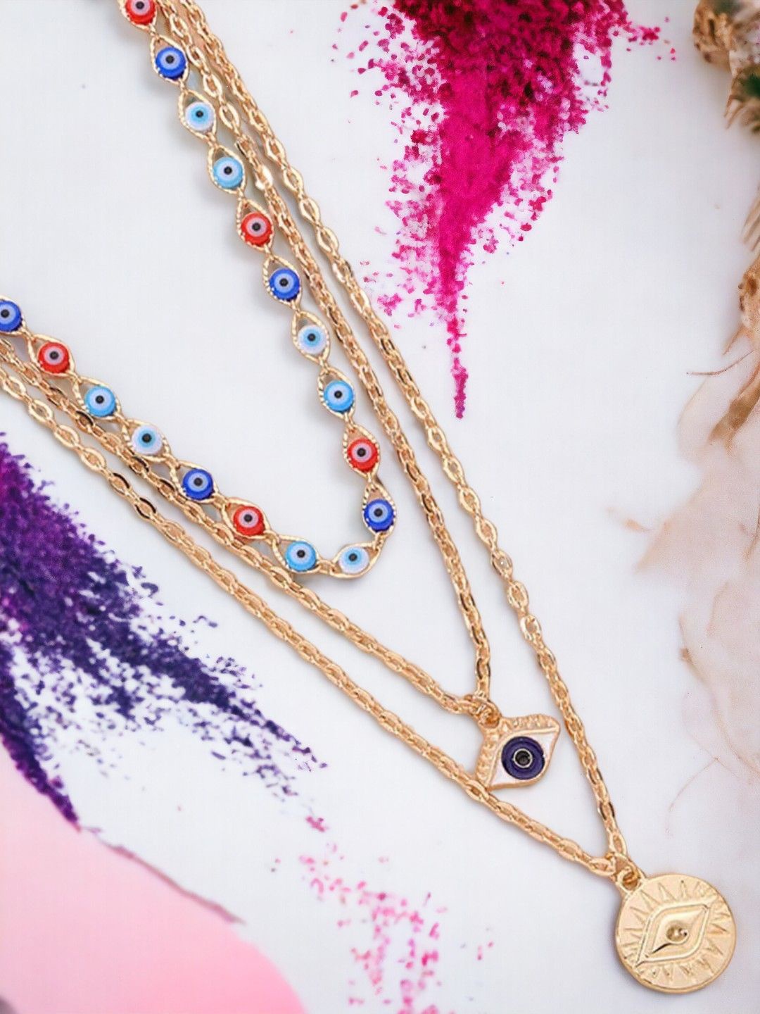 

fabula Gold-Plated Evil Eye Good Luck Sun Multi Layered Bohemian Necklace