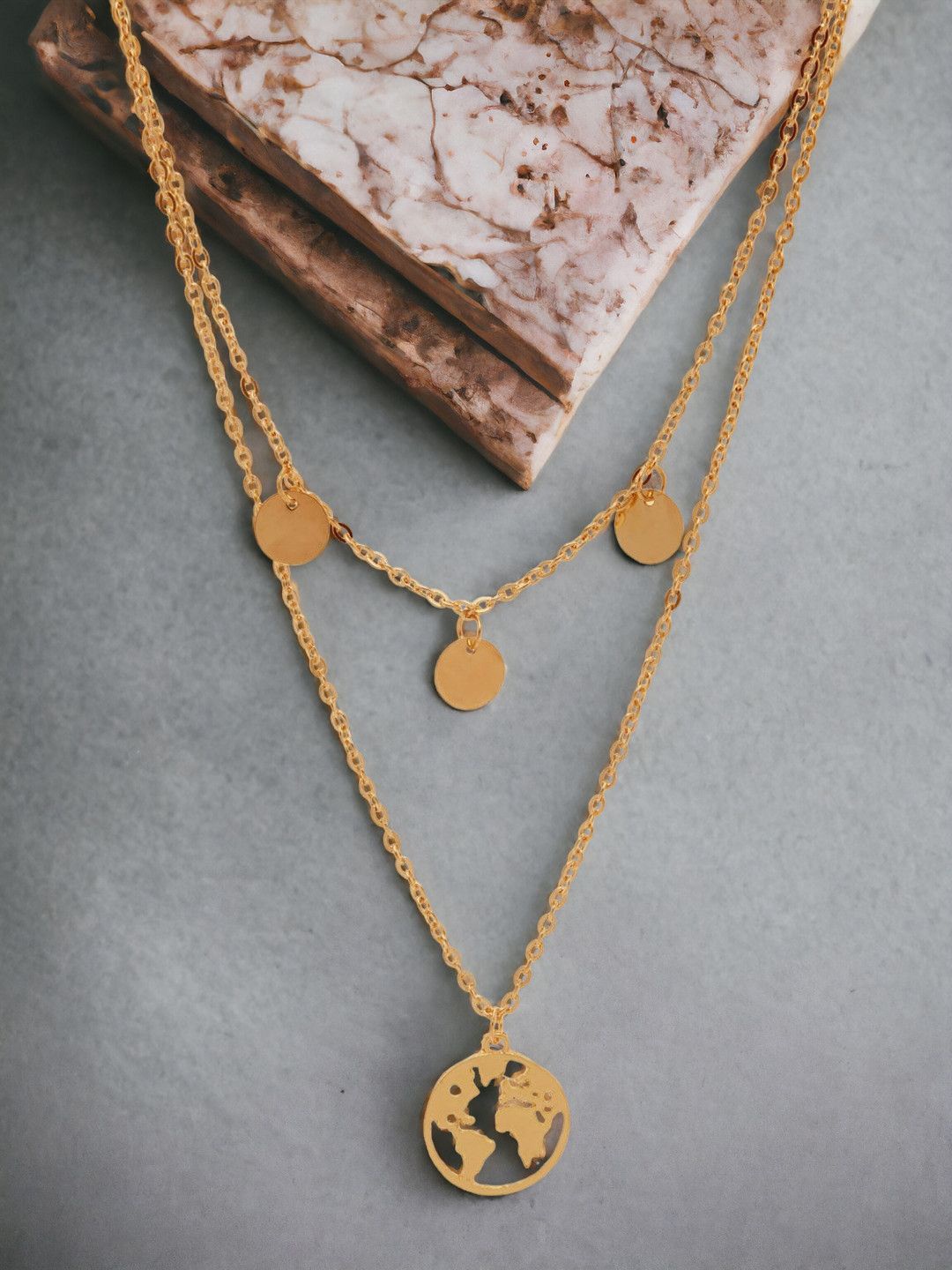 

fabula Gold-Plated World Globe Medalion Multi Layered Necklace