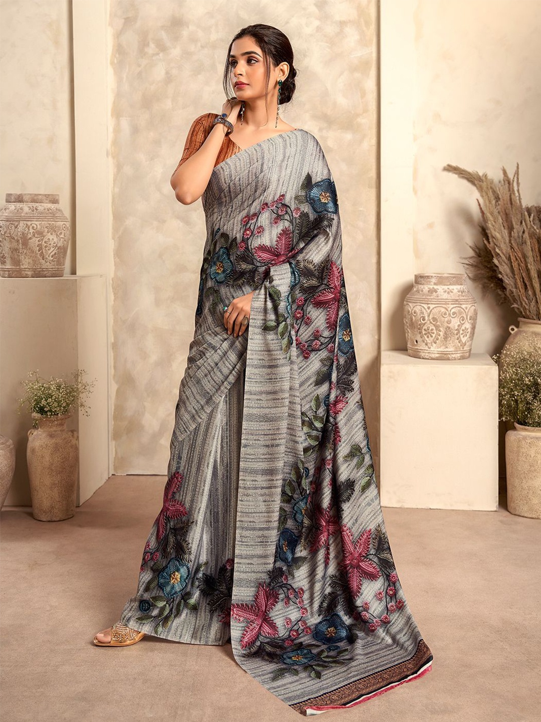 

Mitera Ethnic Motif Satin Saree with Blouse, Grey