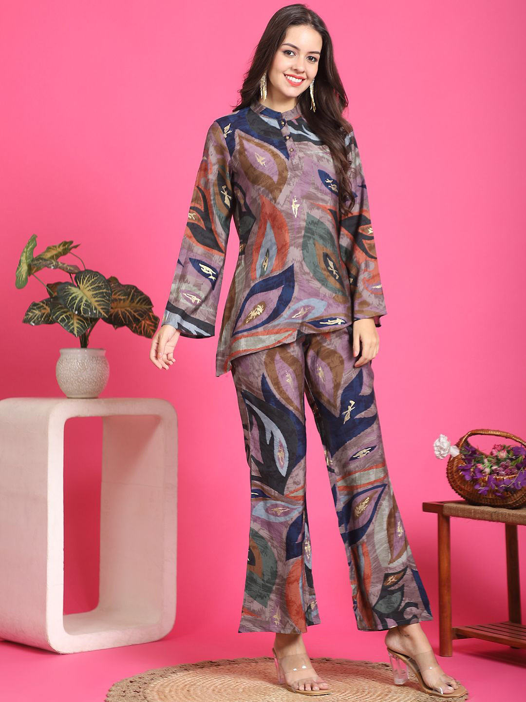 

Claura Printed Chanderi Silk Top & Trousers, Blue