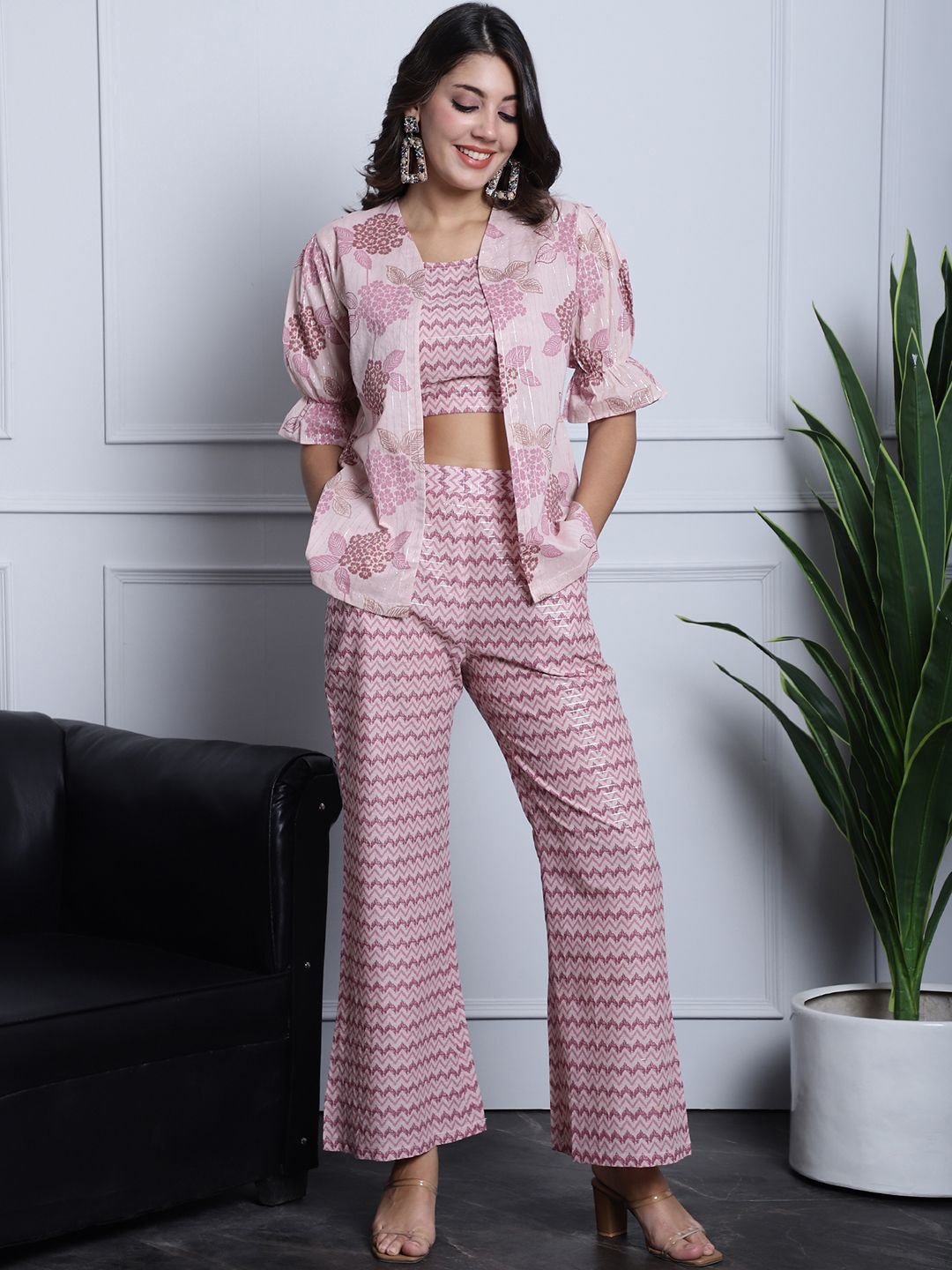 

Claura Printed Pure Cotton Round Neck Top Jacket & Trousers Co-Ords, Pink