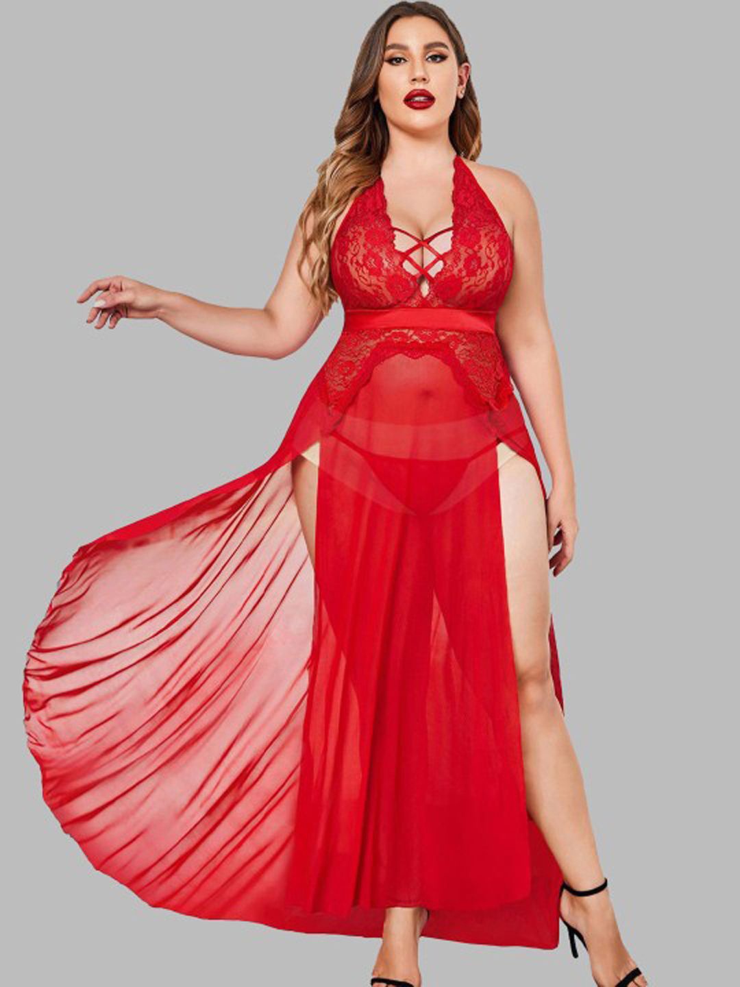 

Softwrap Net Halter Neck Baby Doll with Asymmetric, Red