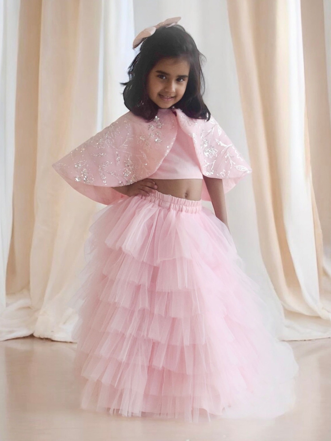 

Fayon Kids Embellished Cape Sleeve Slip On Round Neck Top Skirt with Cape, Pink