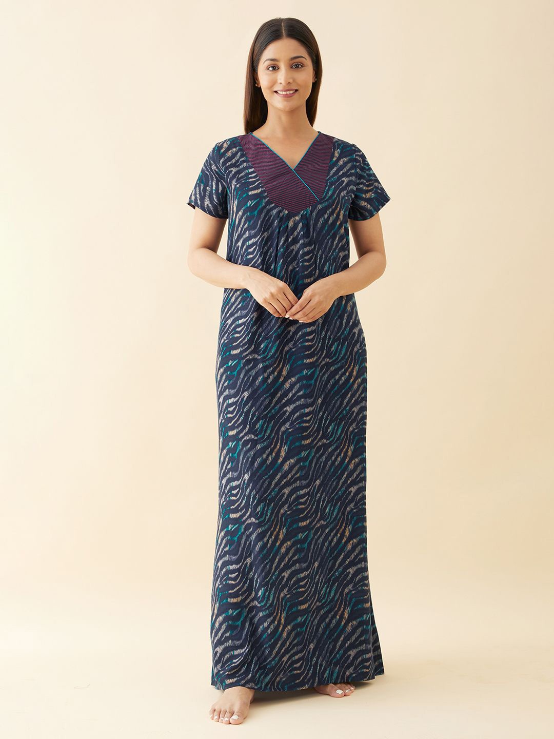 

Maybell Women Printed V-Neck Short Sleeves Pure Cotton Maxi Nightdress, Blue