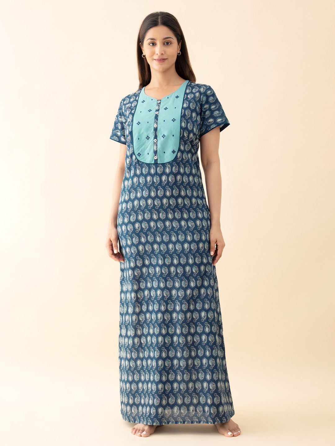 

Maybell Pure Cotton Printed V-Neck Maxi Nightdress, Blue