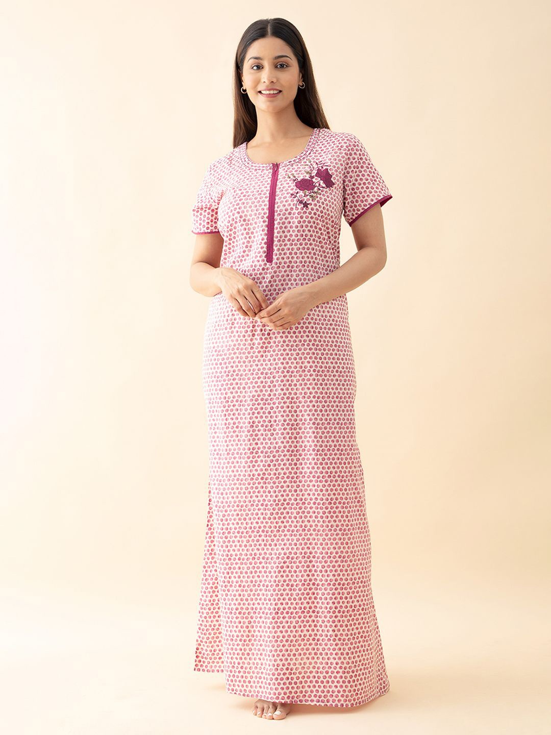 

Maybell Women Printed Round Neck Cotton Maxi Nightdress, Pink