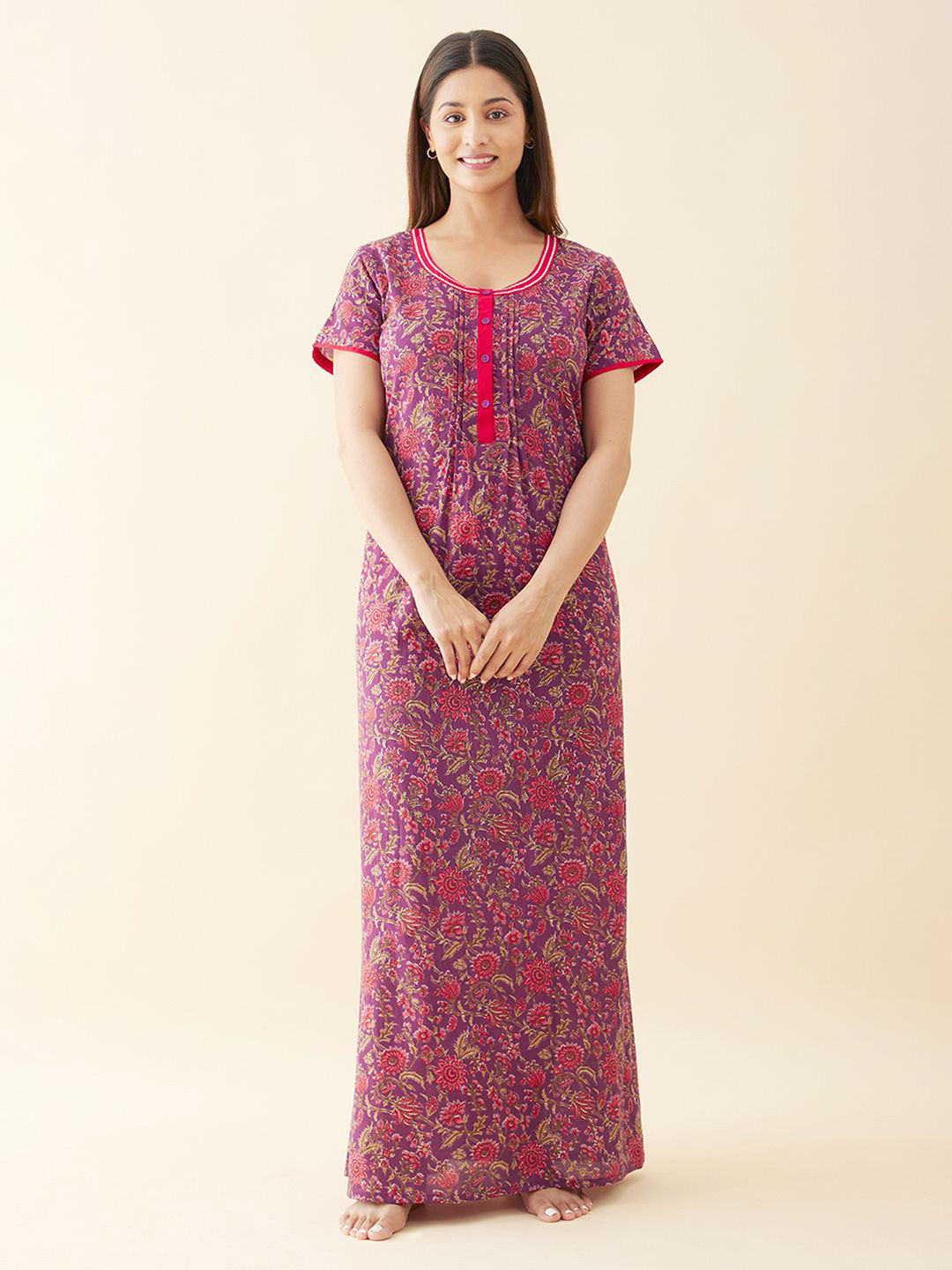 

Maybell Women Printed Cotton Maxi Nightdress, Purple