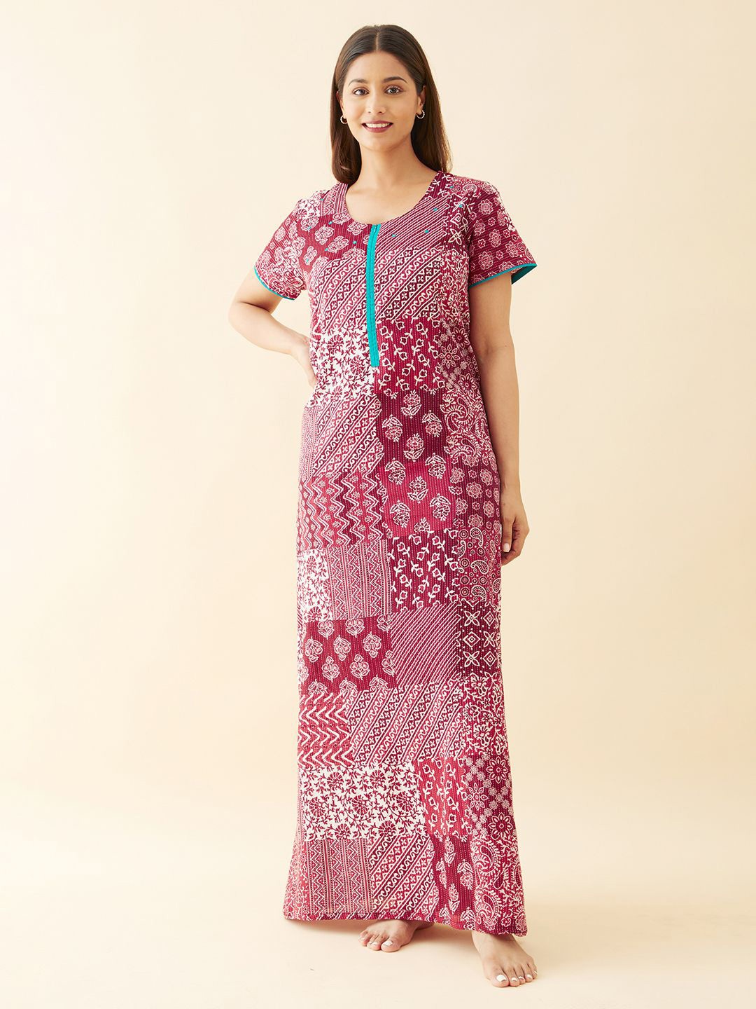 

Maybell Women Printed Round Neck Short Sleeves Cotton Maxi Nightdress, Maroon