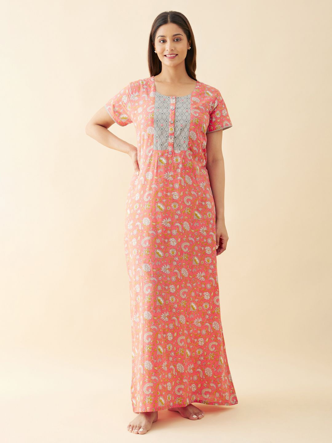 

Maybell Cotton Round Neck Printed Maxi Nightdress, Peach