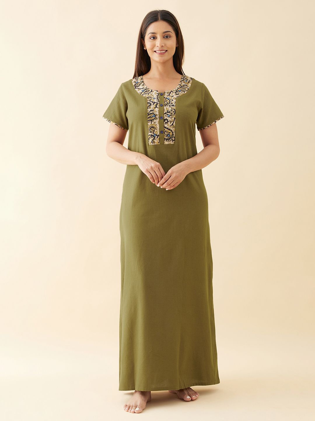 

Maybell Women Printed Round Neck Cotton Maxi Nightdress, Green