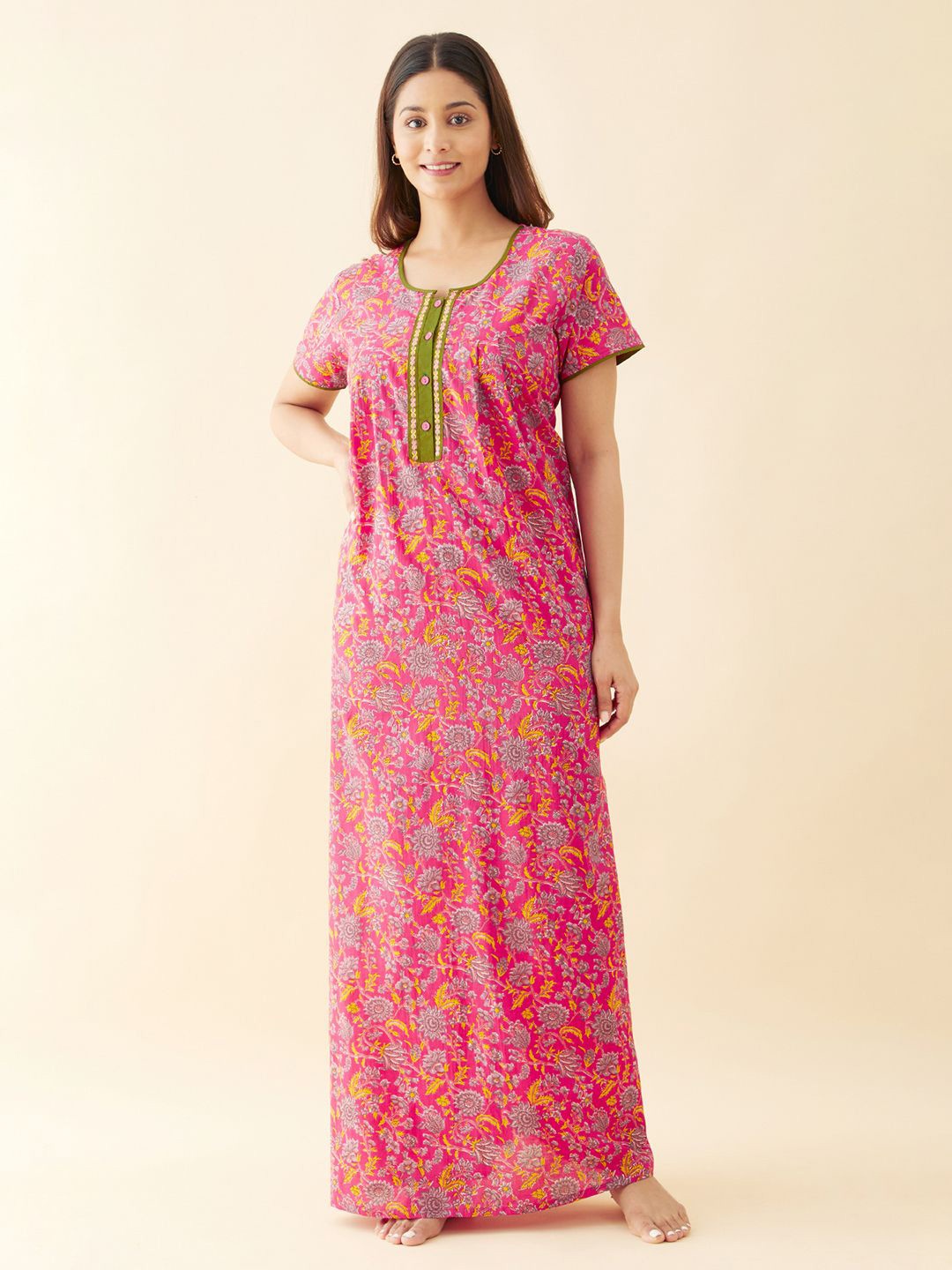 

Maybell Women Printed Round Neck Cotton Maxi Nightdress, Pink