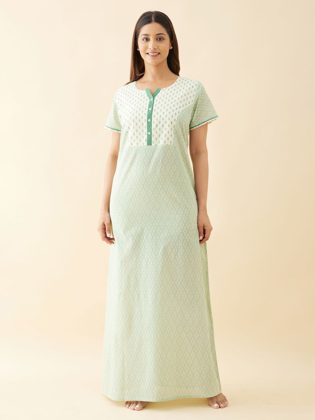 

Maybell Women Printed Round Neck Short Sleeves Cotton Maxi Nightdress, Green