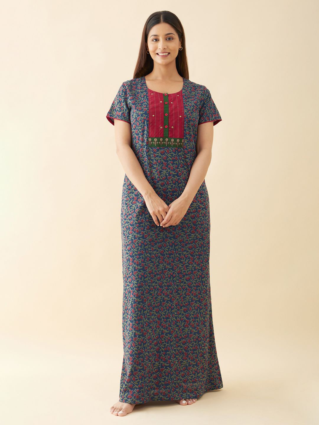 

Maybell Floral Printed Pure Cotton Maxi Nightdress, Blue