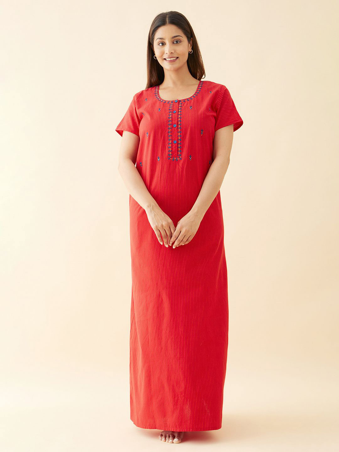 

Maybell Women Printed Round Neck Cotton Maxi Nightdress, Red