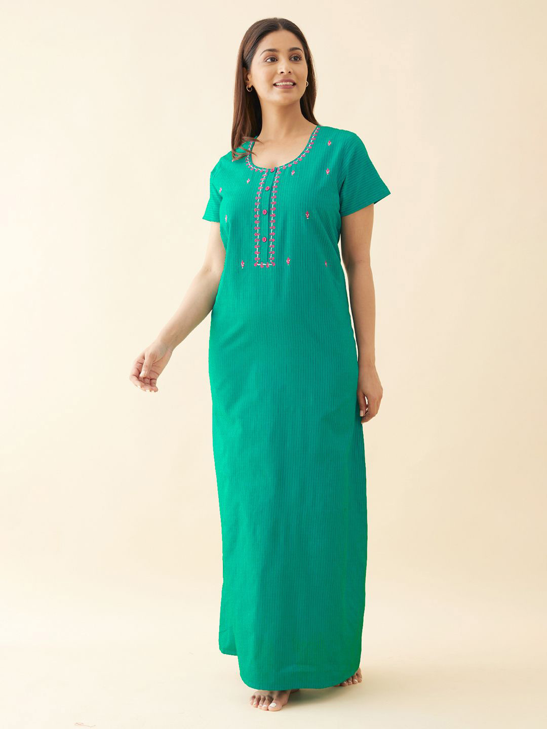 

Maybell Women Embroidered Short Sleeves Pure Cotton Maxi Nightdress, Green