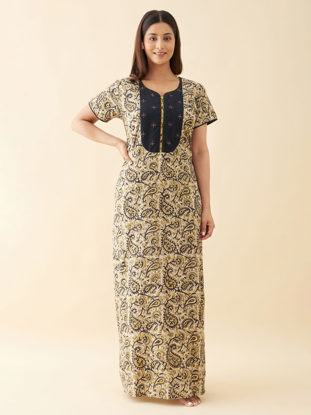 

Maybell Women Paisley Printed Round Neck Short Sleeves Maxi Nightdress, Green