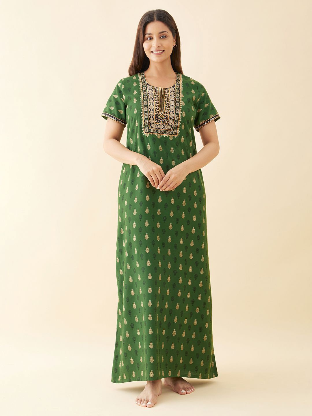 

Maybell Women Ethnic Motif Scoop Neck Short Sleeves Maxi Nightdress, Green