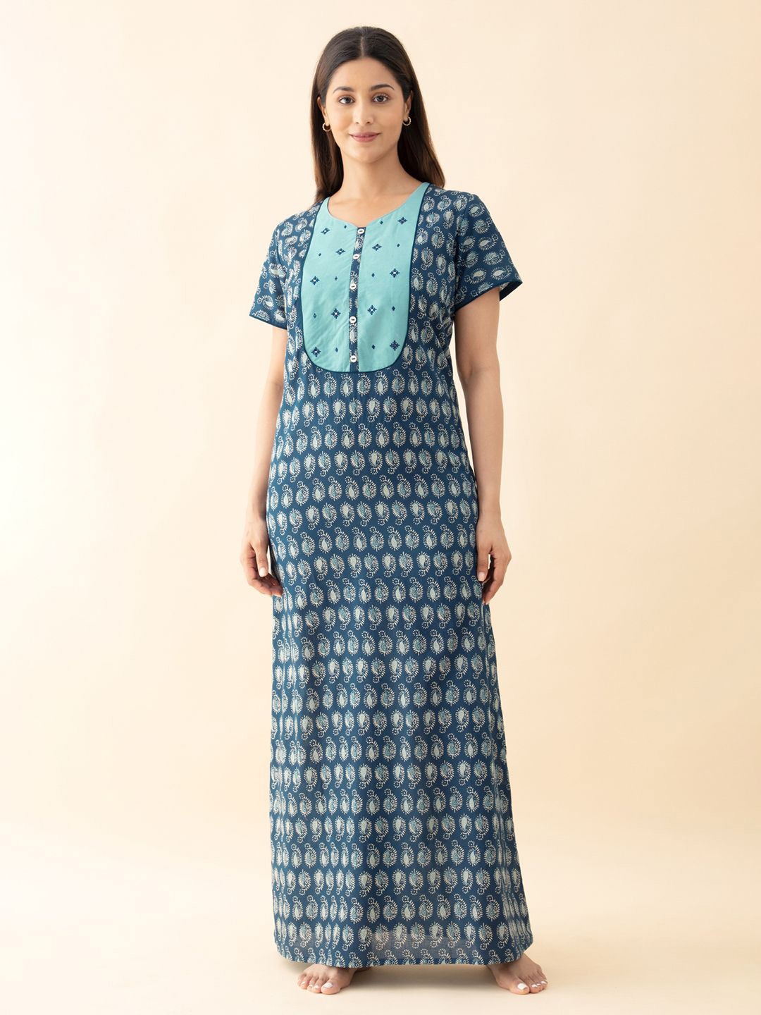 

Maybell Digital Printed Round Neckline Maxi Nightdress, Blue