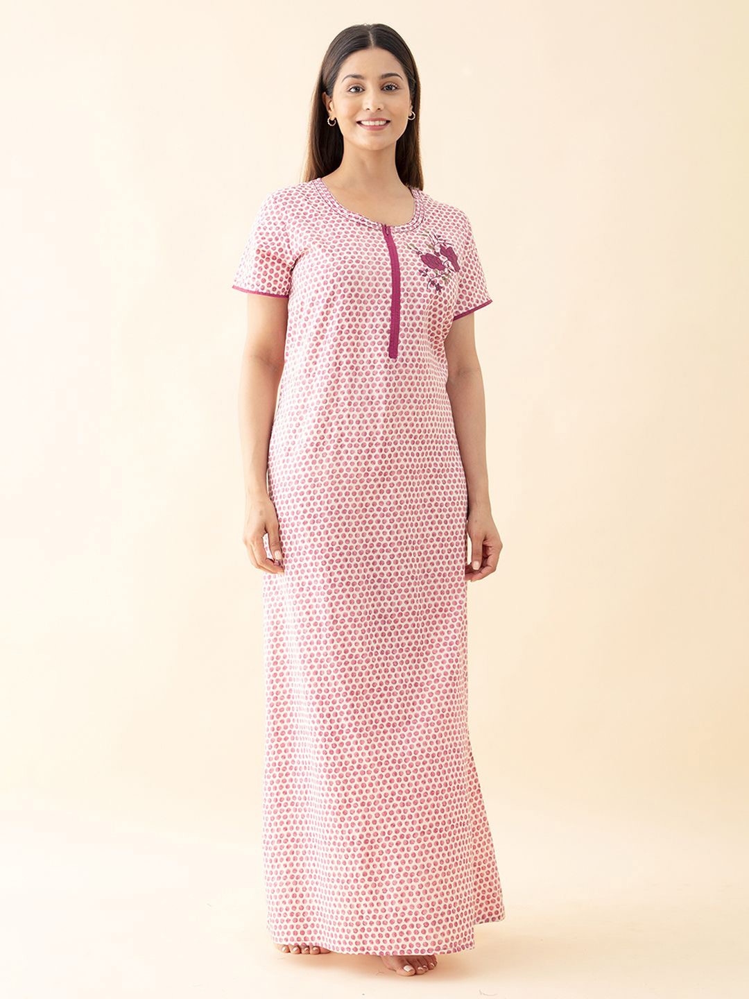 

Maybell Women Printed Cotton Short Sleeves Round Neck Maxi Nightdress, Pink