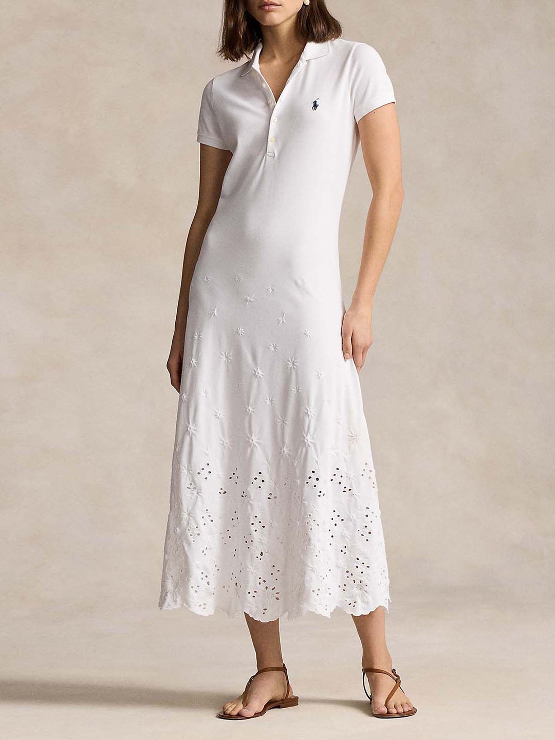 

Polo Ralph Lauren Eyelet Scallop Hem Schiffli Shirt Collar A-Line Dress, White