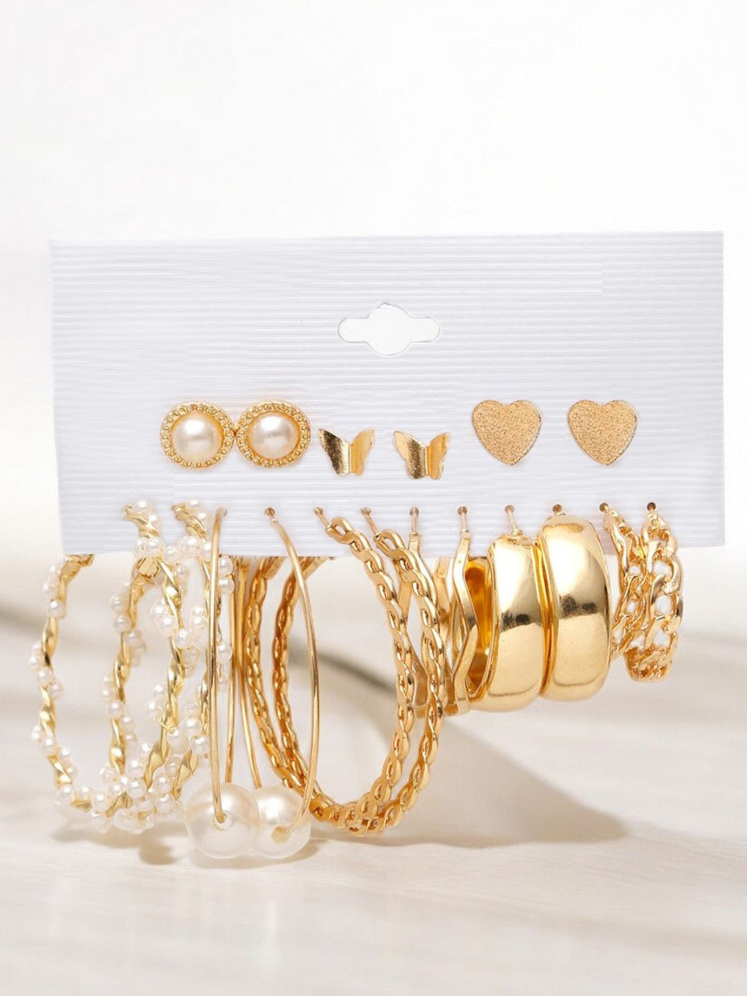 

fabula Set Of 9 Geometric Crystals Studs Earrings, Gold