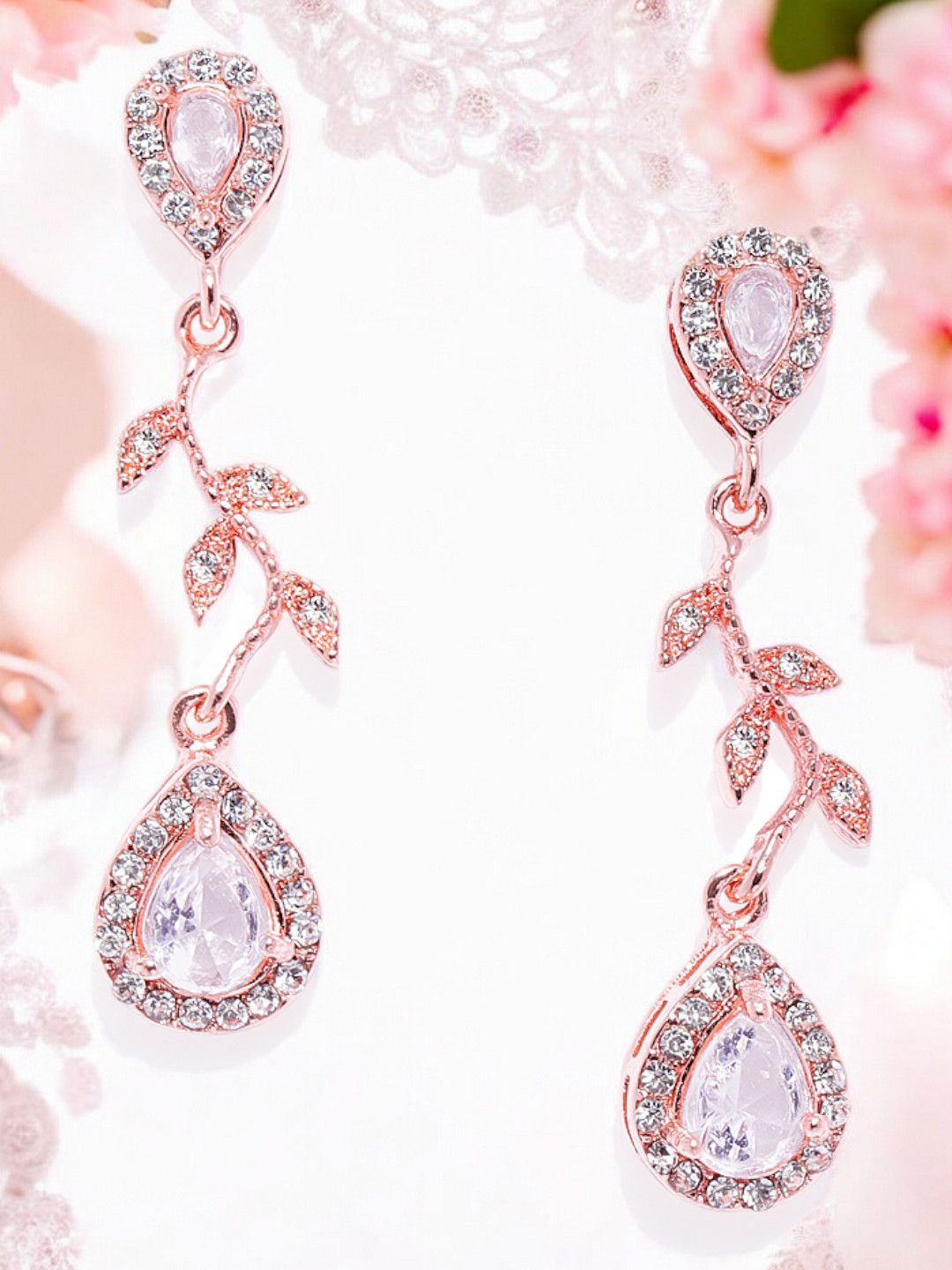 

fabula Floral Shaped Cubic Zirconia Drop Earrings, Rose