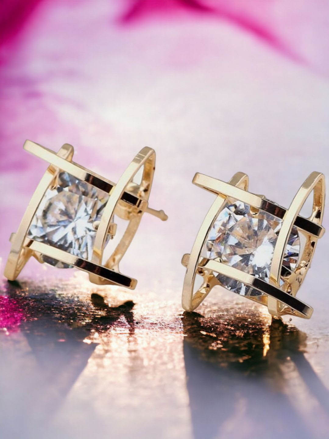 

fabula Cubic Zirconia Square Studs Earrings, Gold