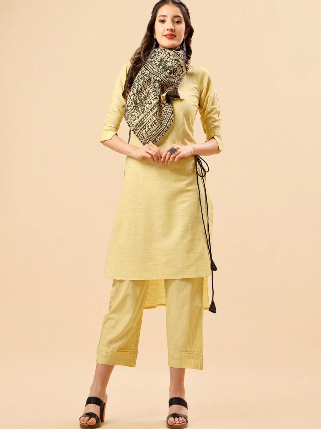

Sangria Yellow Round Neck Regular Kurta With Trousers & Scarf