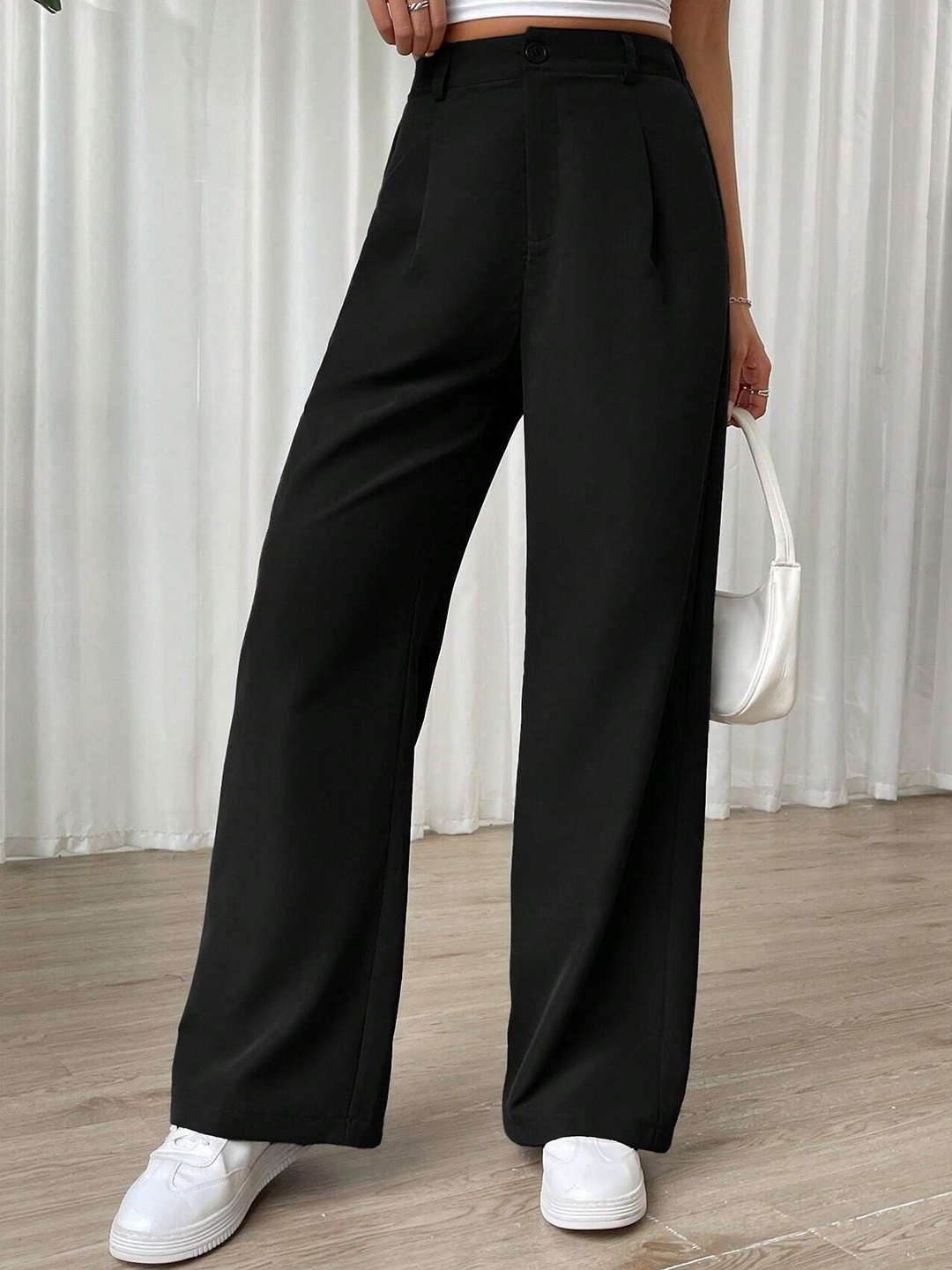 

FNOCKS Women Classic Straight Fit High-Rise Wrinkle Free Trousers, Black
