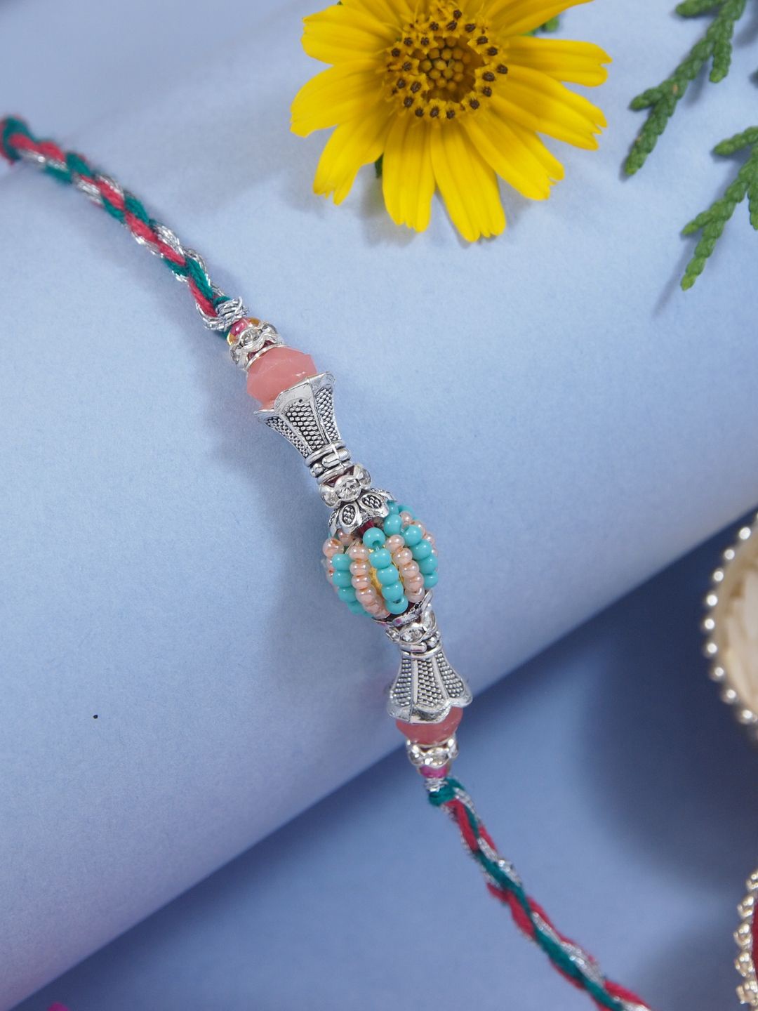

I Jewels Beaded & Stone Studded Thread Rakhi With Roli Chawal & Greeting Card, Green