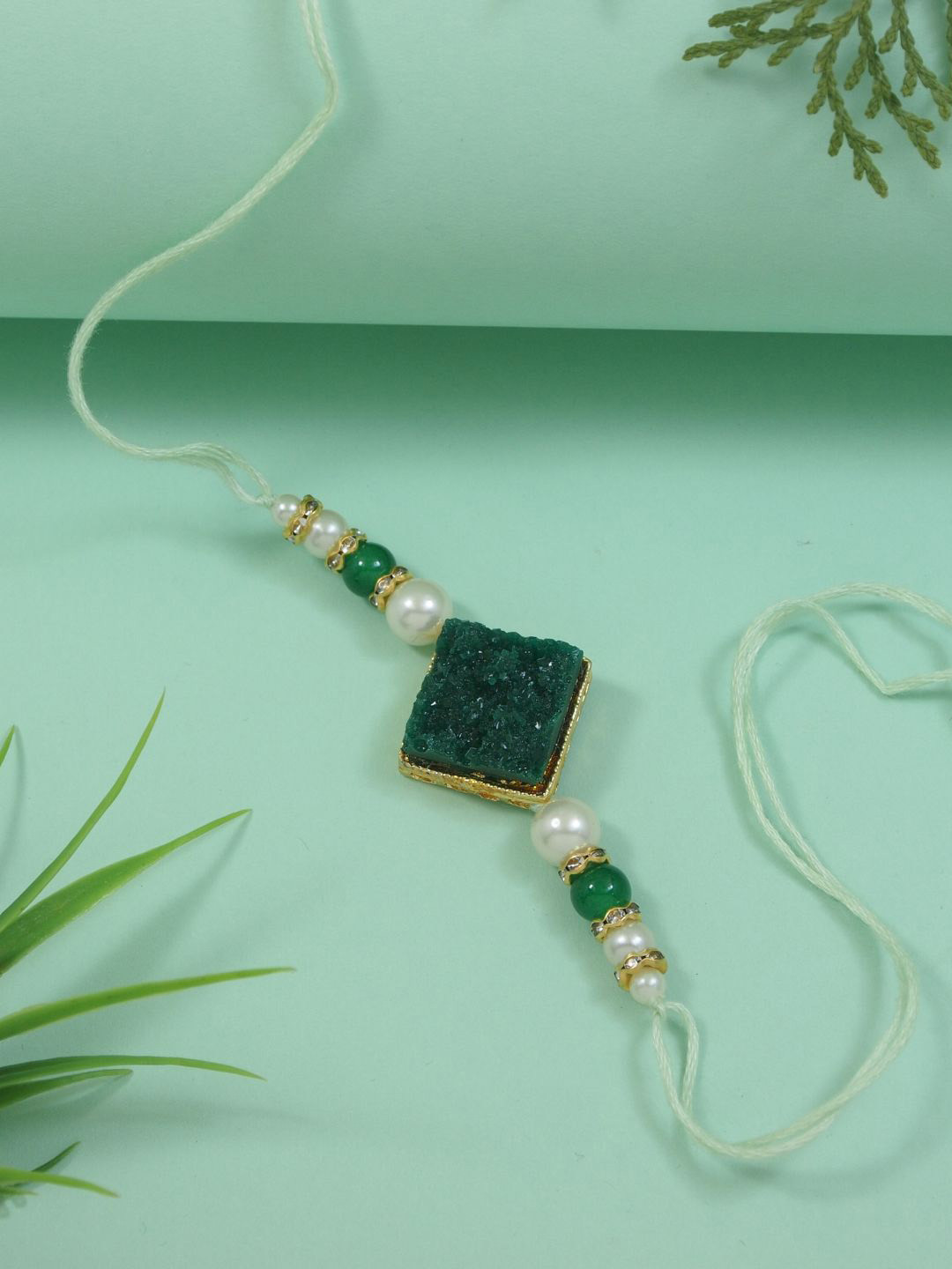 

I Jewels Beaded Thread Rakhi With Roli Chawal & Greeting Card, Green