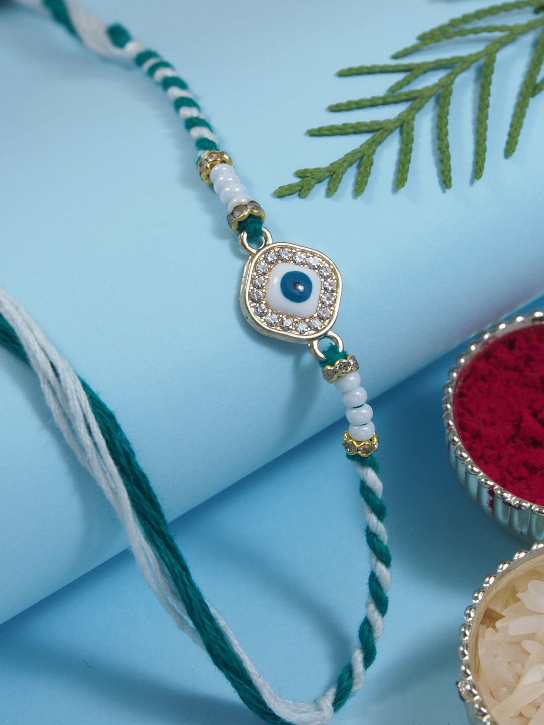 

I Jewels Enamel Evil Eye Thread Rakhi With Roli Chawal & Rakshabandhan Card, Green