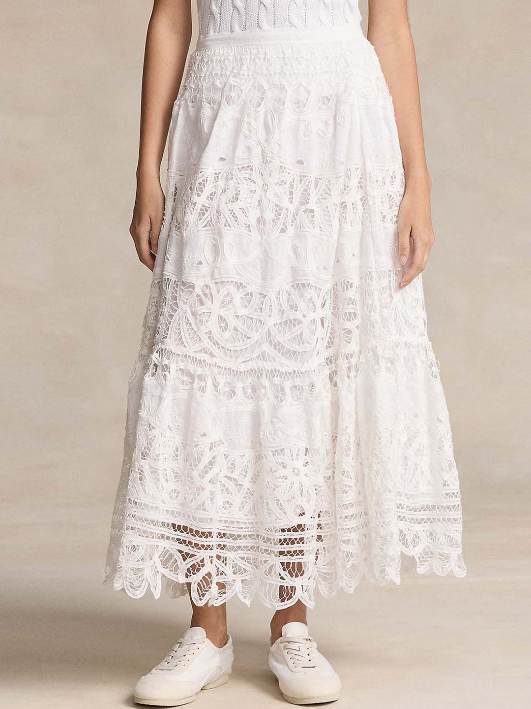 

Polo Ralph Lauren Women Self Design Battenberg-Lace Midi A-Line Skirts, White