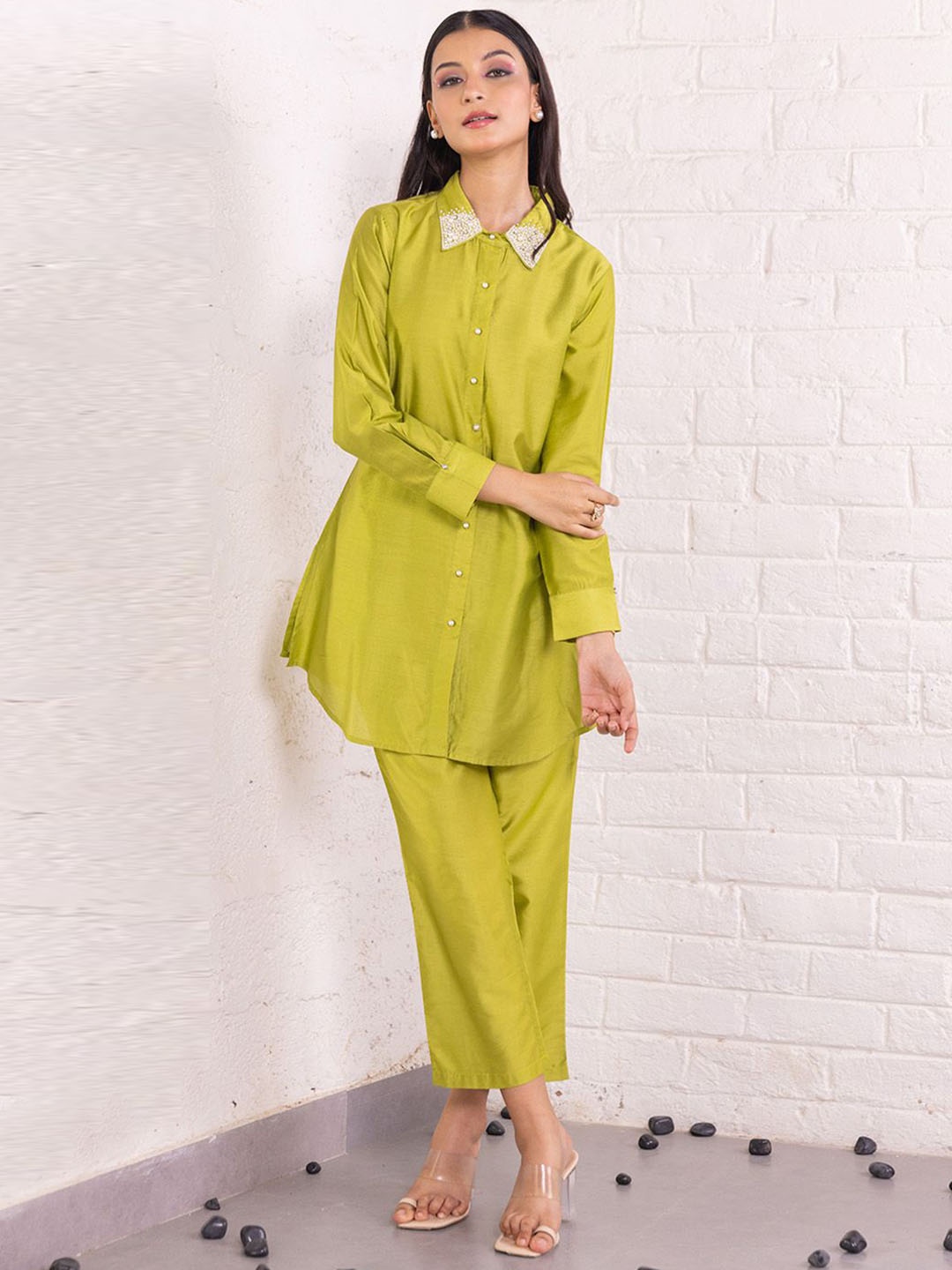 

Kaftanize Pearl Beaded Pure Cotton Shirt With Trousers, Lime green