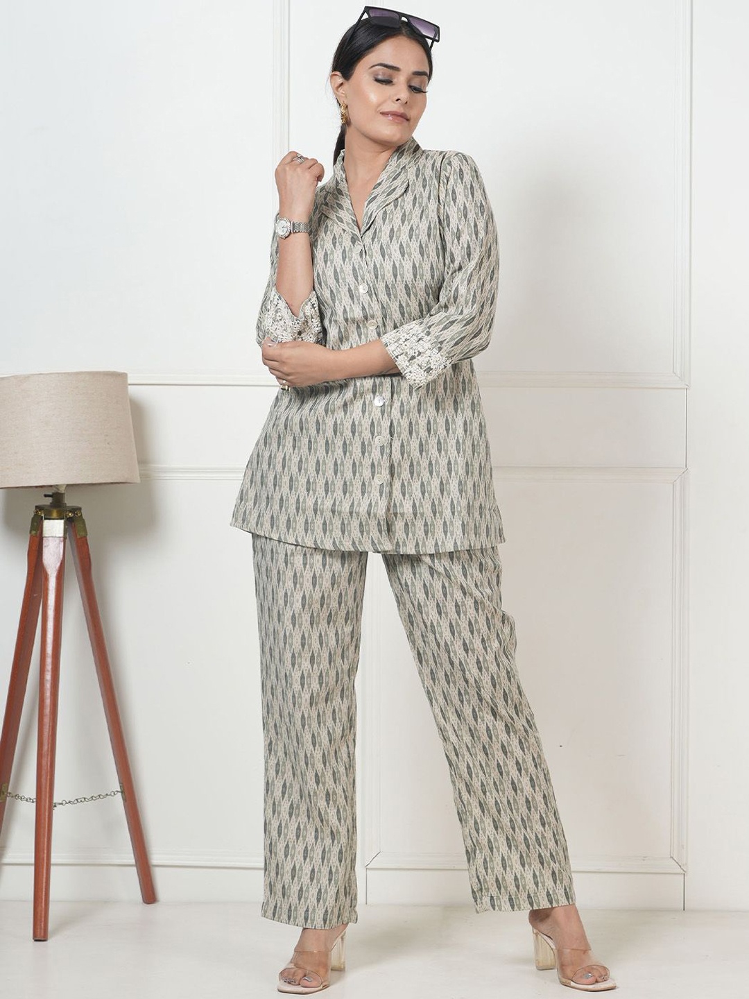 

Kaftanize Geometric Printed Shirt With Trousers, Sea green