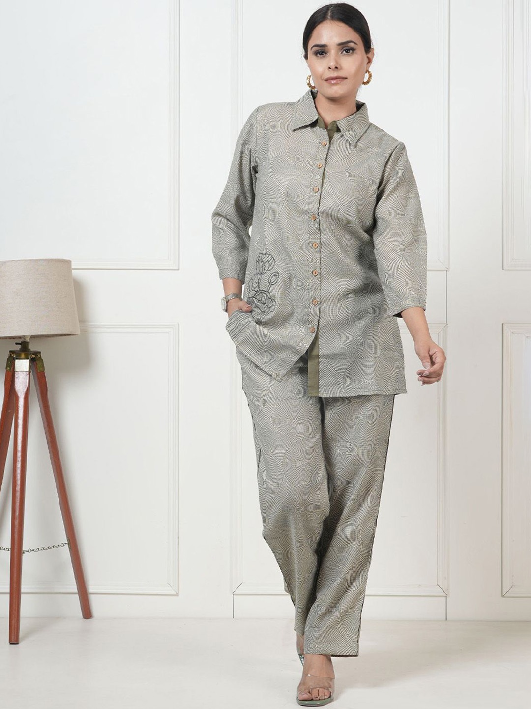 

Kaftanize Printed Cotton Collar Shirt With Trousers, Green