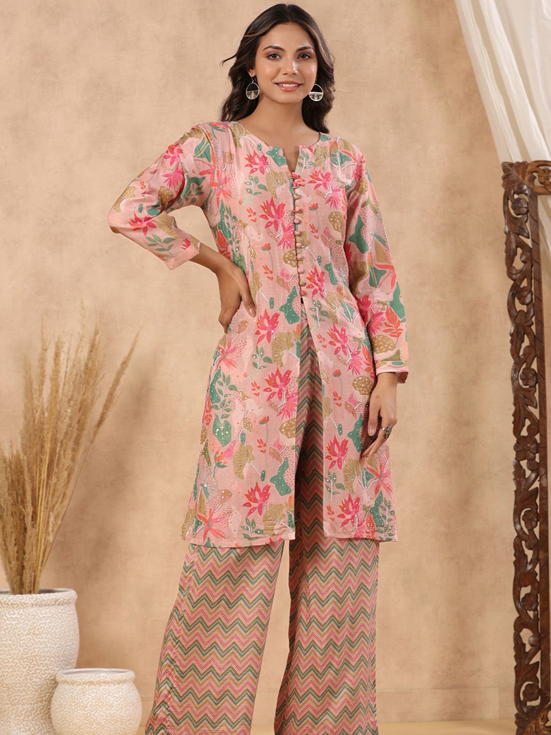 

Kaftanize Floral Printed Tunic With Trouser, Pink