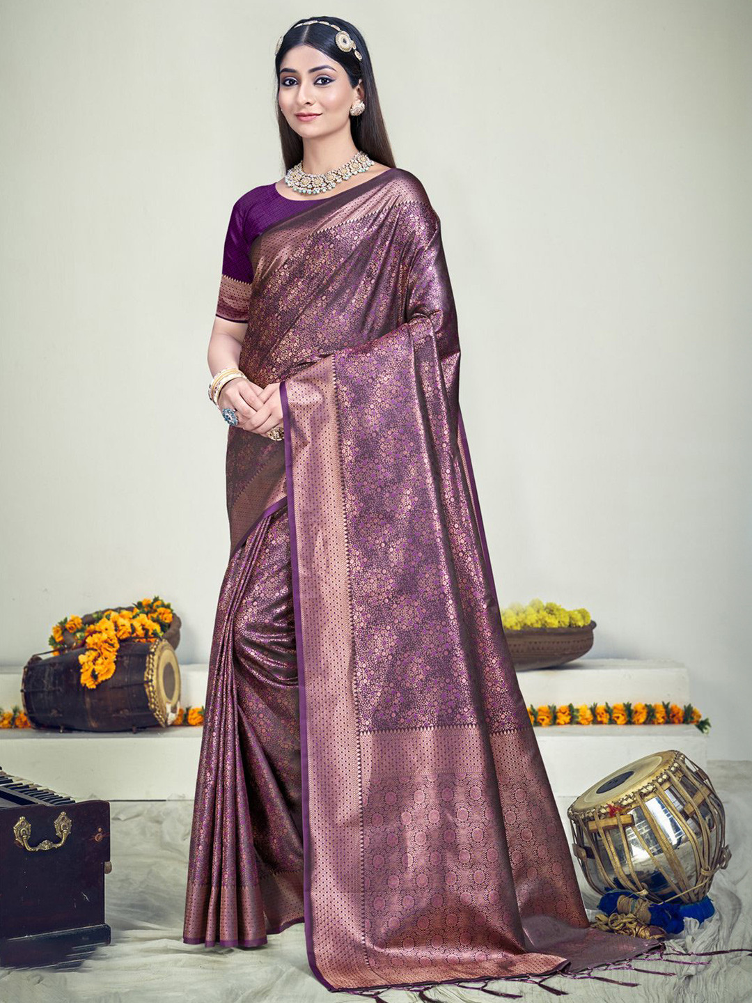 

Ishin Ethnic Motifs Woven Design Zari Banarasi Saree, Purple