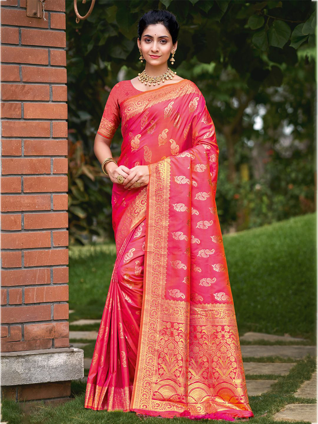 

Ishin Woven Design Zari Saree With Blouse Piece, Pink