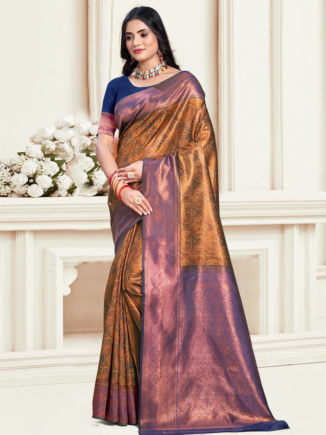 

Ishin Ethnic Motifs Woven Design Zari Saree With Blouse Piece, Navy blue