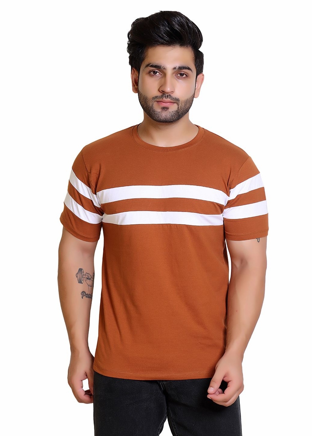 

Gajraj Men Striped T-shirt, Tan