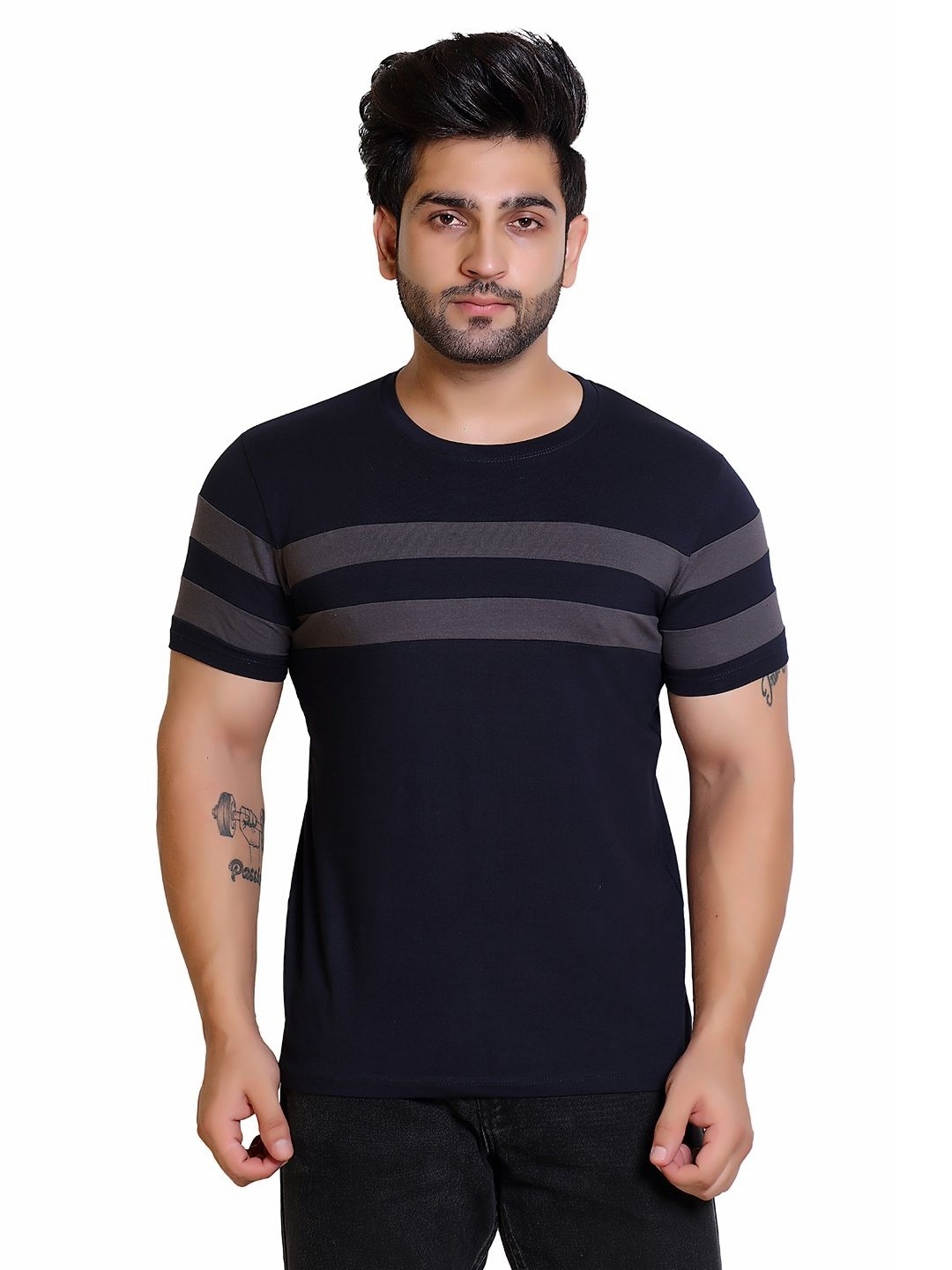 

Gajraj Men's Striped Cotton T-Shirt, Navy blue