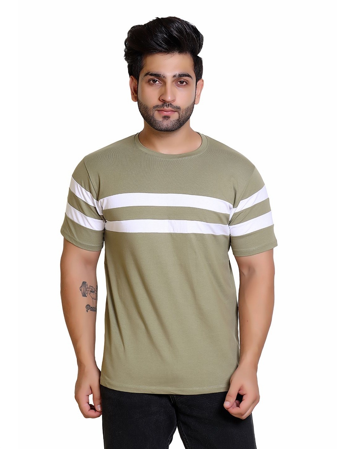 

Gajraj Men Striped Regular Fit T-shirt, Olive