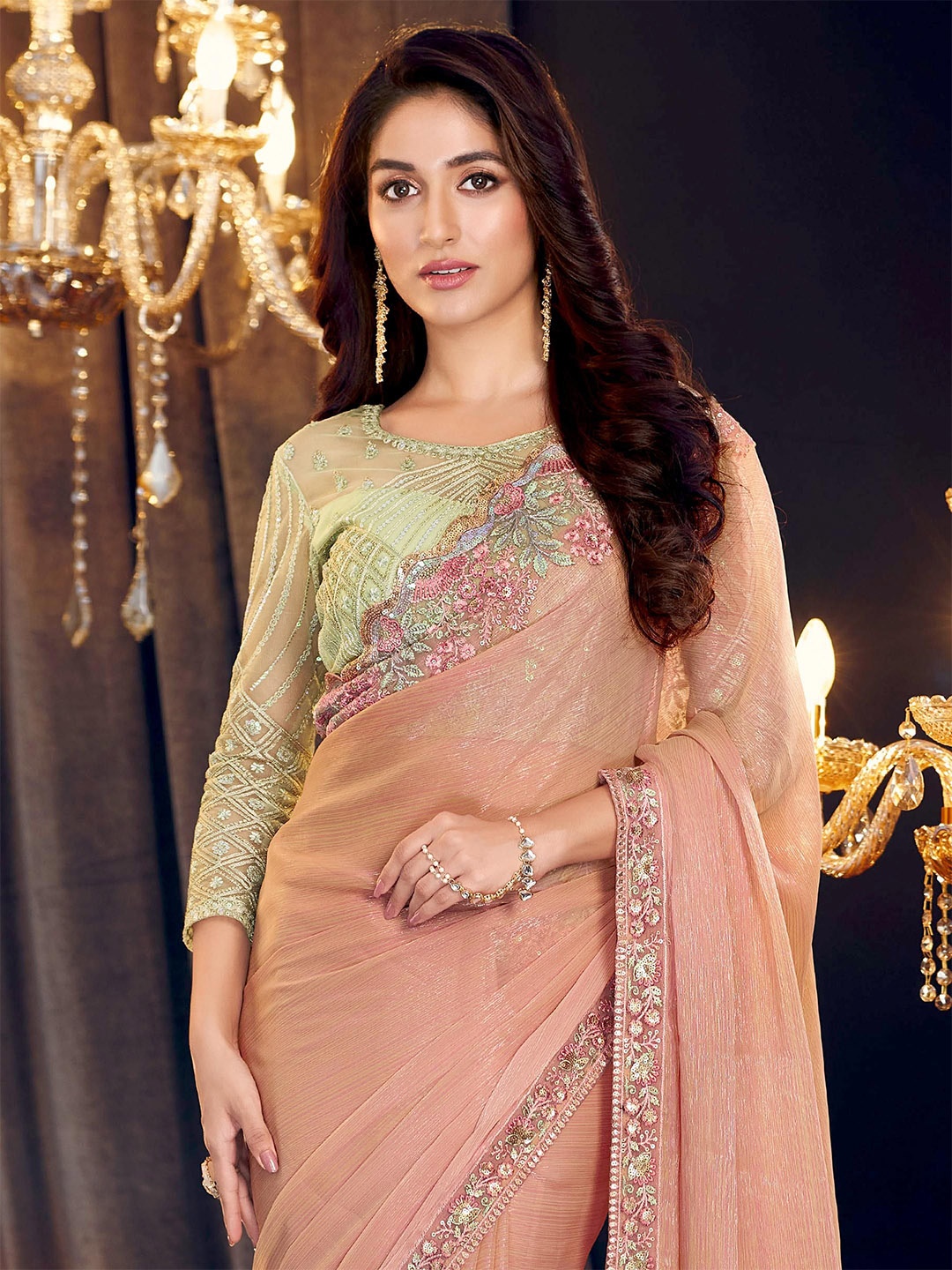 

ALAGINI Sequinned Pure Georgette Saree, Peach